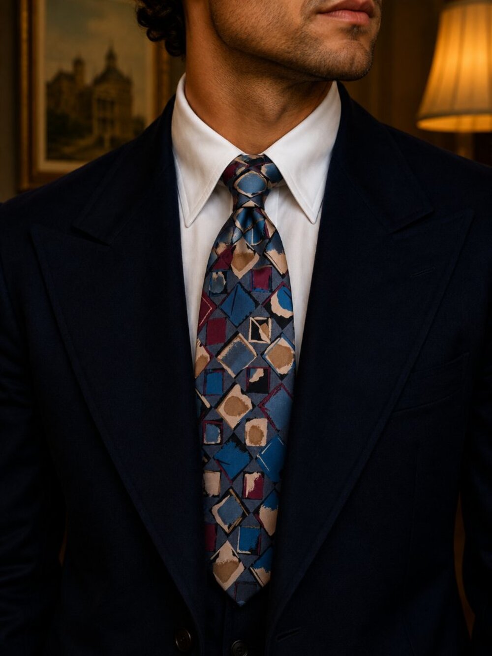 Vintage Vanzon 100% Silk Wide Tie Blue Burgundy Geometric NOS
